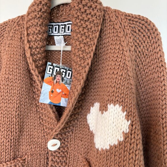 GOGO Wool Long Cardigan Tan Cream Heart - Picture 2 of 8